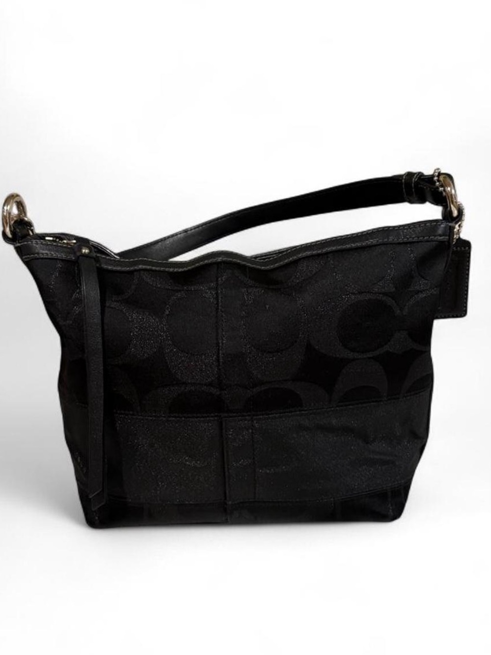 Coach Signature Lurex Hobo Bag with Studded Trim (Black/Silver).